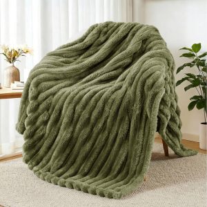 Exclusivo Mezcla Soft Striped Fleece Blanket, Olive Green Sofa Bed Throw